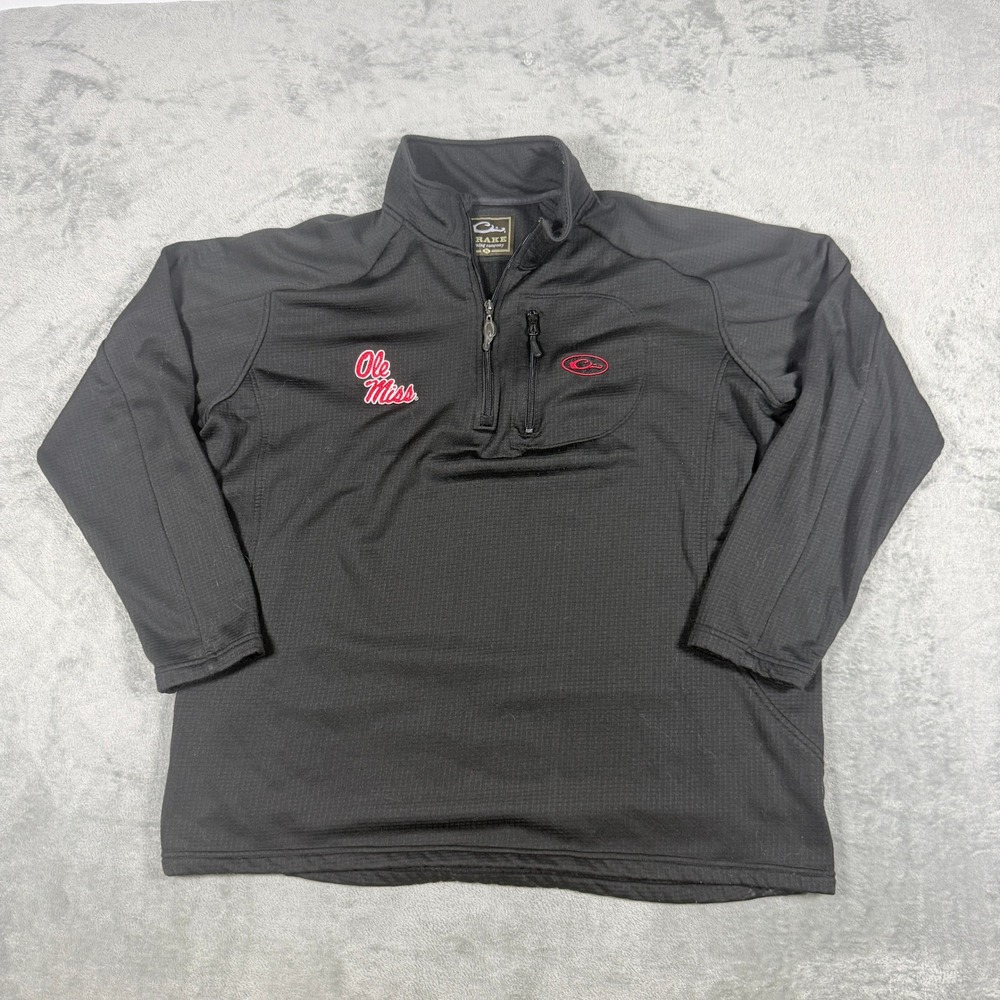 Drake Mens XL Quarter Zip Pullover Ole Miss Rebels Black Grid Fleece Jacket